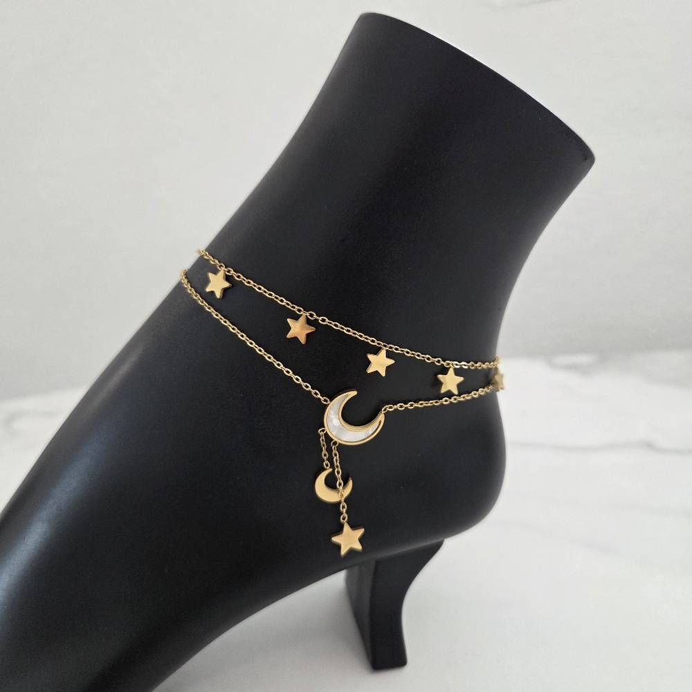 Gold Anklet Moon and Stars Charms Double Chain Layered Ankle Bracelet - Picture 5 of 15